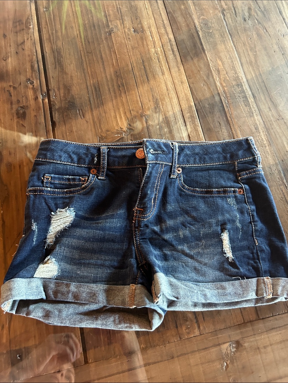 Aeropostale Dark Blue Distressed Rolled Cuff Denim Shorts